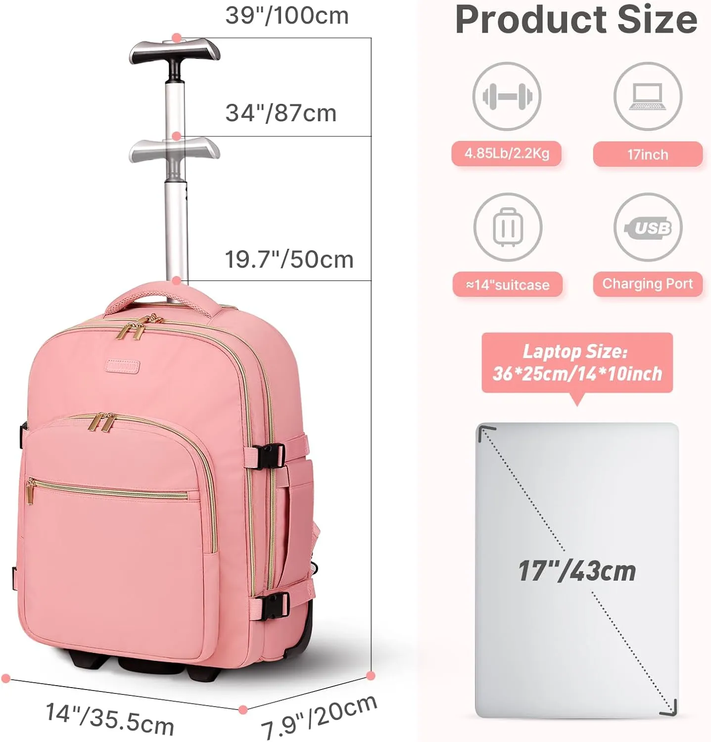 Rolling Backpack for Women, 17Inch on Laptop Travel Backpack with Wheels, Carry on Luggage Airplane, Overnight Business Trolley Backpack Bag (Sweet Pink) (In Patent)