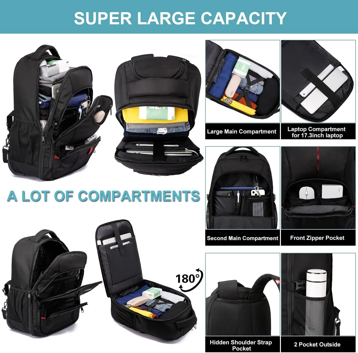 Rolling Backpack, Large Backpack with Wheels for Men Women Adults, 17inch Waterproof Wheeled Travel Laptop Backpack Carry on Luggage Bag Trolley Suitcase Business College School Computer Bookbag,Black