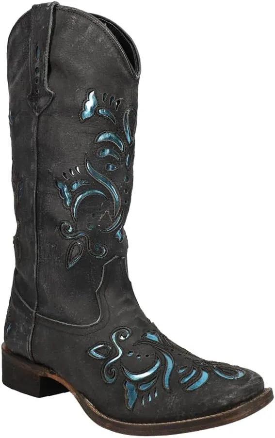 ROPER Womens Belle Metallic Tooled Inlay Square Toe Casual Boots Mid Calf Low Heel 1-2" - Black
