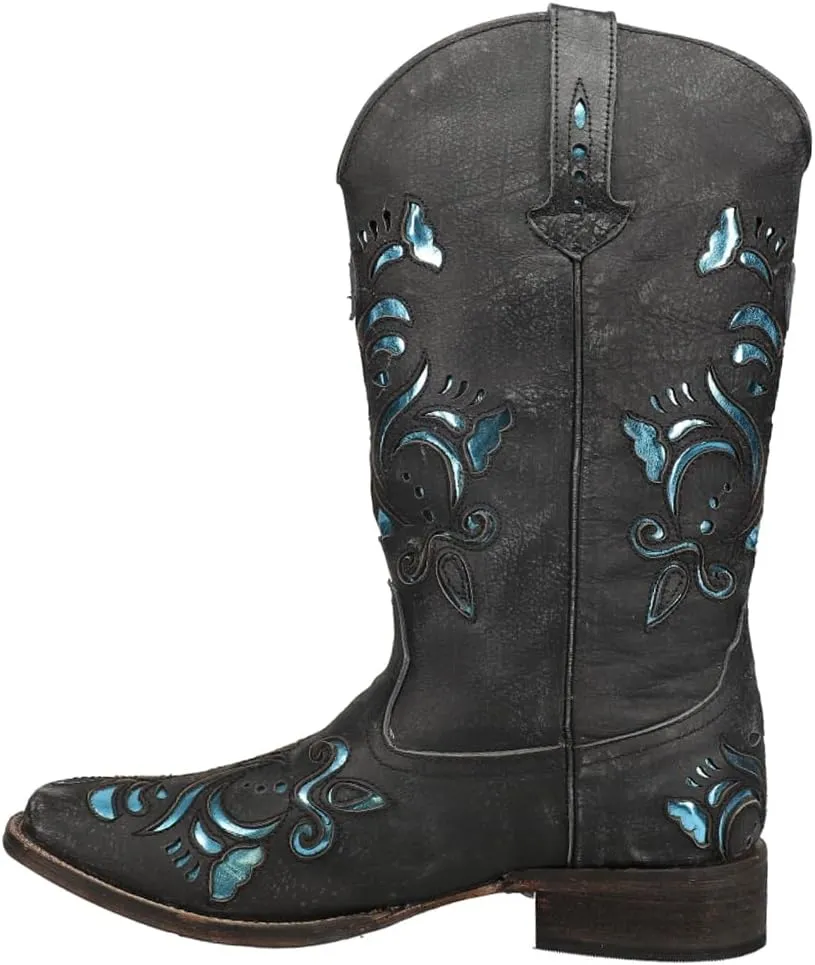 ROPER Womens Belle Metallic Tooled Inlay Square Toe Casual Boots Mid Calf Low Heel 1-2" - Black