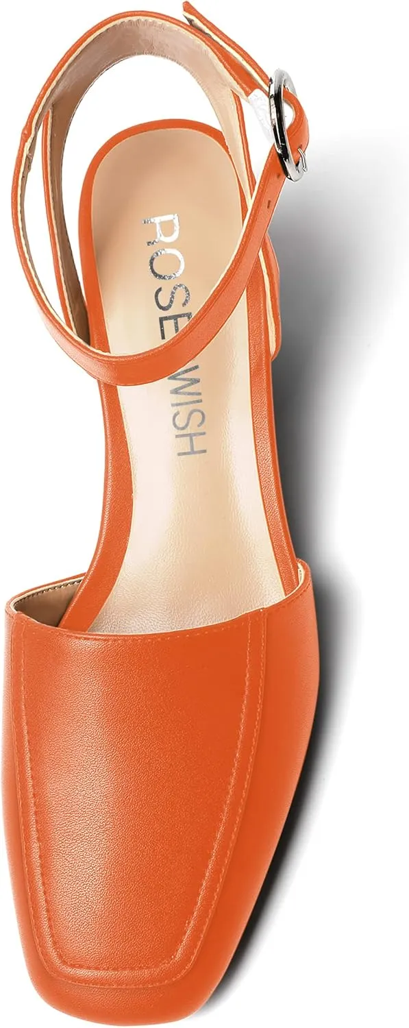 ROSERWISH Womens Casual Square Toe Ankle Strap Matte Fashion Buckle Dating Wedge Low Heel Pumps Shoes 2 Inch