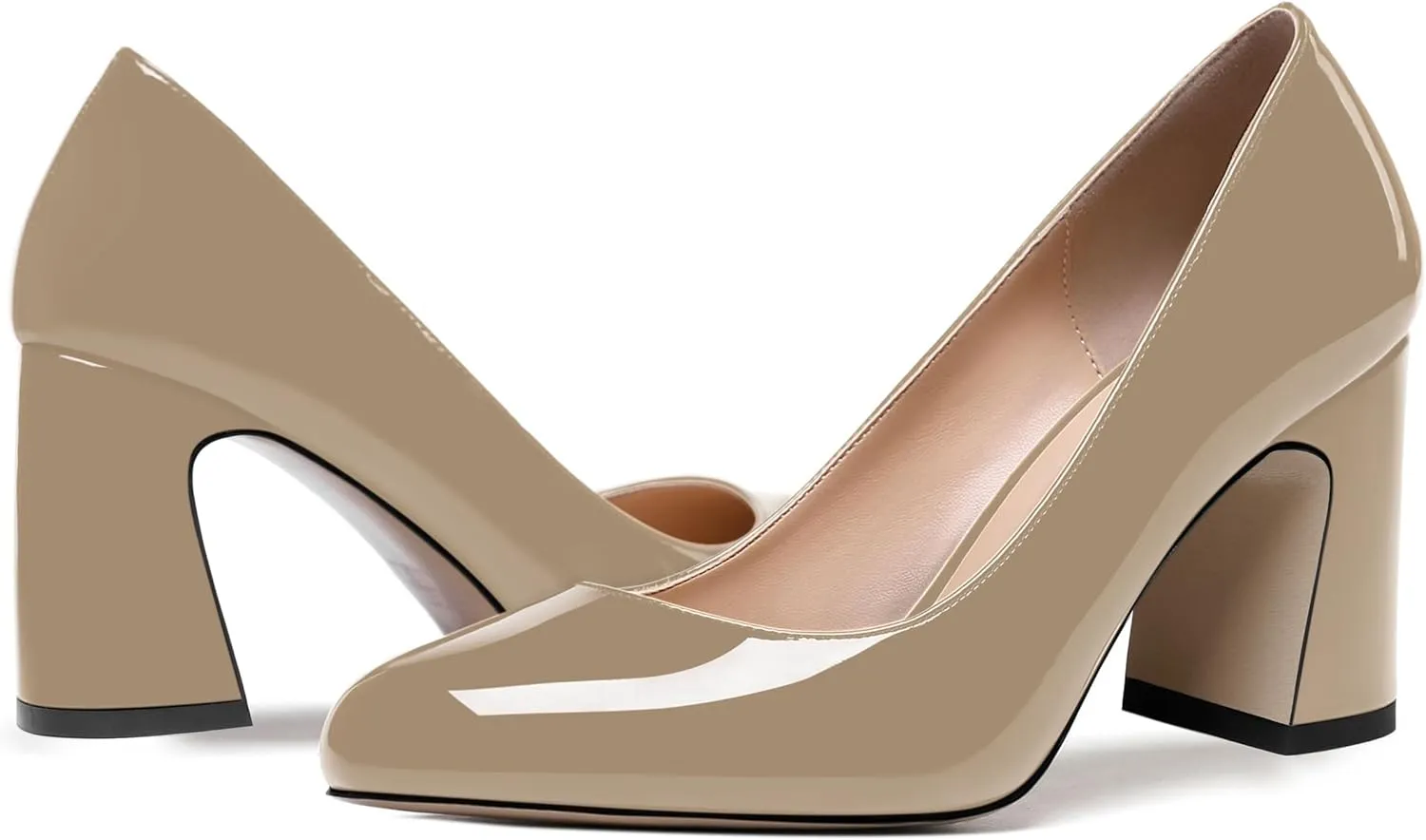ROSERWISH Womens Comfortable Fashion Patent Party Slip On Round Toe Block High Heel Pumps Shoes 3.3 Inch