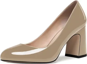 ROSERWISH Womens Comfortable Fashion Patent Party Slip On Round Toe Block High Heel Pumps Shoes 3.3 Inch