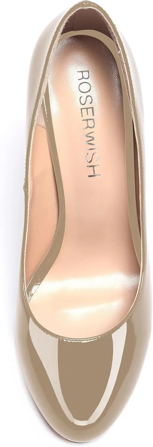 ROSERWISH Womens Comfortable Fashion Patent Party Slip On Round Toe Block High Heel Pumps Shoes 3.3 Inch