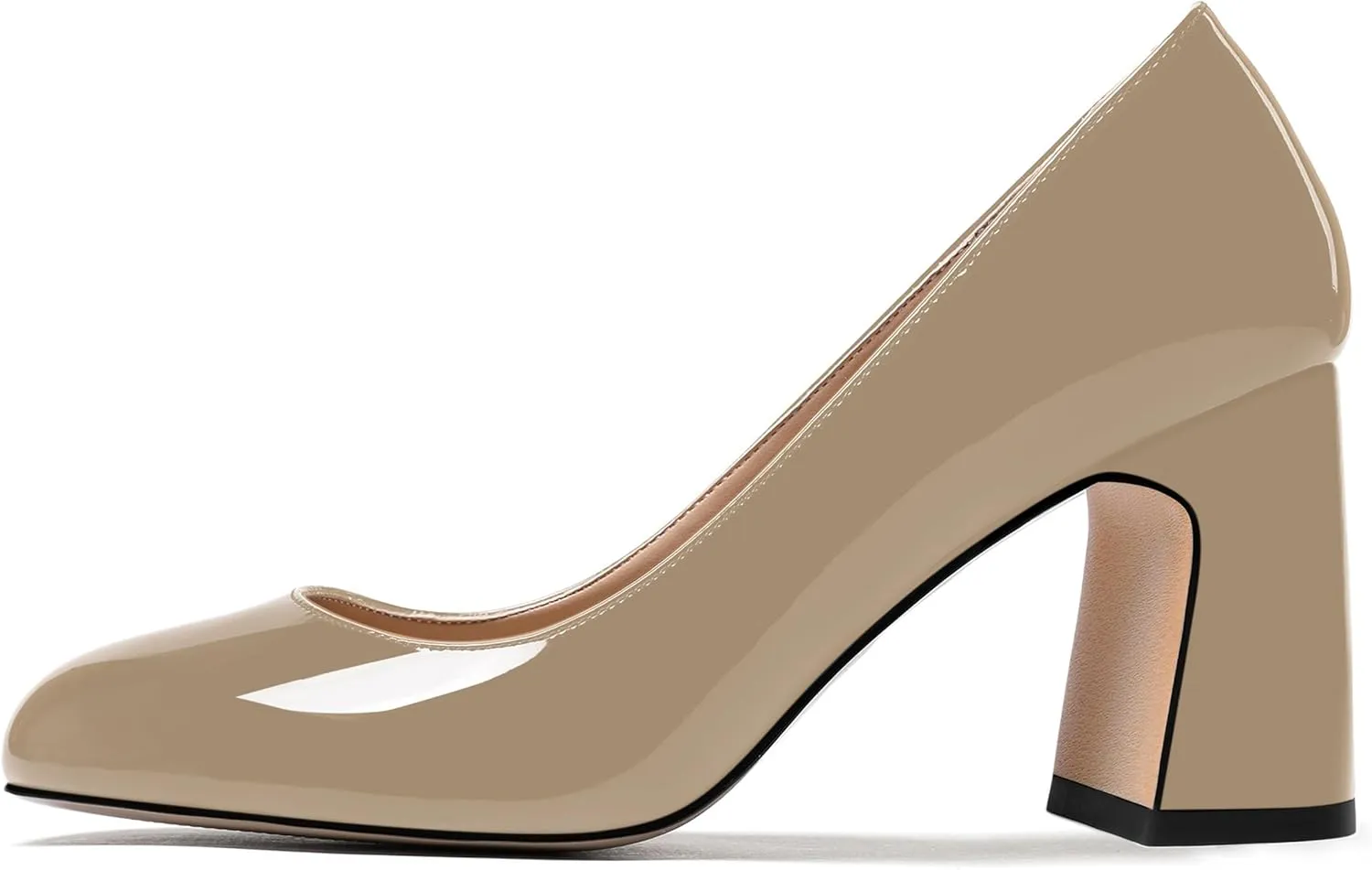 ROSERWISH Womens Comfortable Fashion Patent Party Slip On Round Toe Block High Heel Pumps Shoes 3.3 Inch