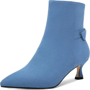 ROSERWISH Womens Dress Wedding Fluff Zip Pointed Toe Suede Bow Kitten Low Heel Ankle High Boots 2 Inch