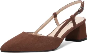 ROSERWISH Womens Fashion Suede Party Casual Buckle Pointed Toe Slingback Chunky Low Heel Pumps Shoes 2 Inch