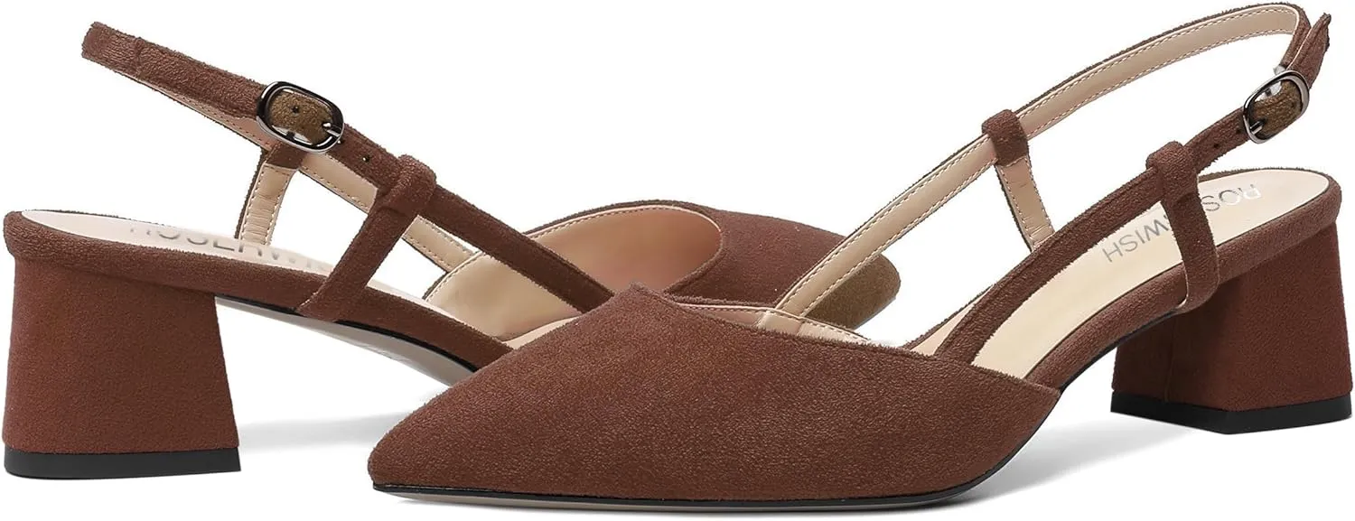 ROSERWISH Womens Fashion Suede Party Casual Buckle Pointed Toe Slingback Chunky Low Heel Pumps Shoes 2 Inch