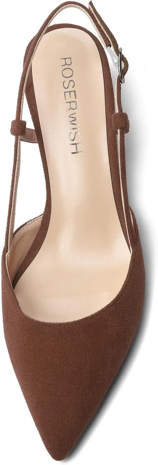 ROSERWISH Womens Fashion Suede Party Casual Buckle Pointed Toe Slingback Chunky Low Heel Pumps Shoes 2 Inch