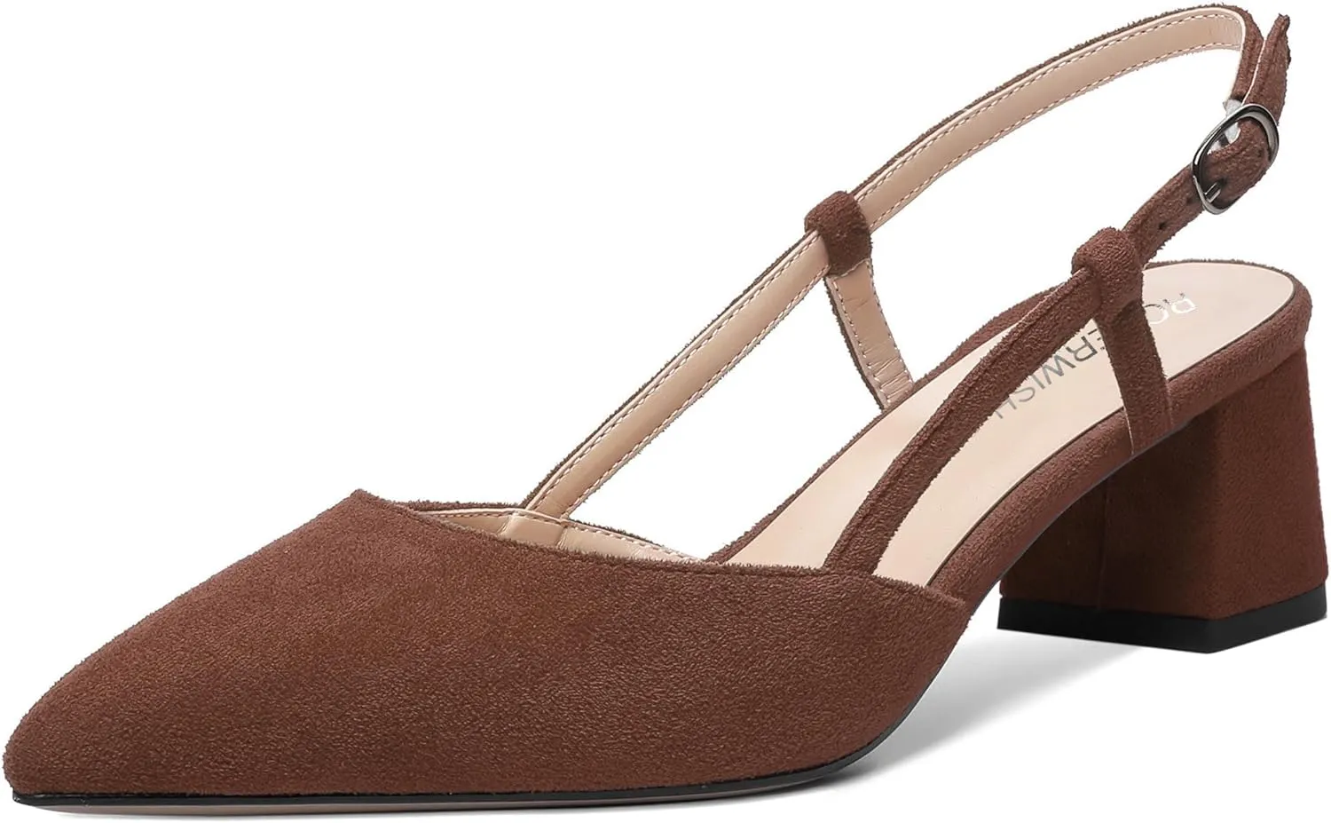 ROSERWISH Womens Fashion Suede Party Casual Buckle Pointed Toe Slingback Chunky Low Heel Pumps Shoes 2 Inch