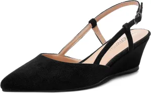 ROSERWISH Womens Pointed Toe Party Sexy Slingback Wedding Buckle Suede Wedge Low Heel Pumps Dress Shoes 2 Inch