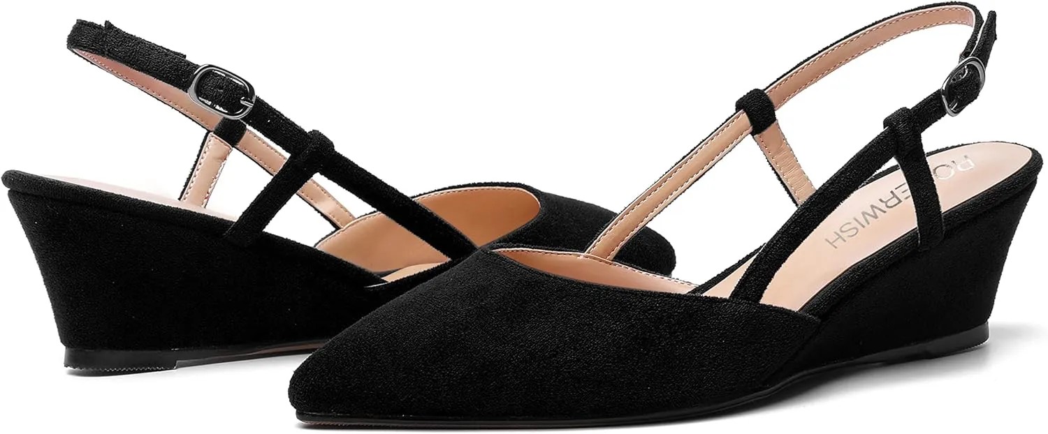 ROSERWISH Womens Pointed Toe Party Sexy Slingback Wedding Buckle Suede Wedge Low Heel Pumps Dress Shoes 2 Inch