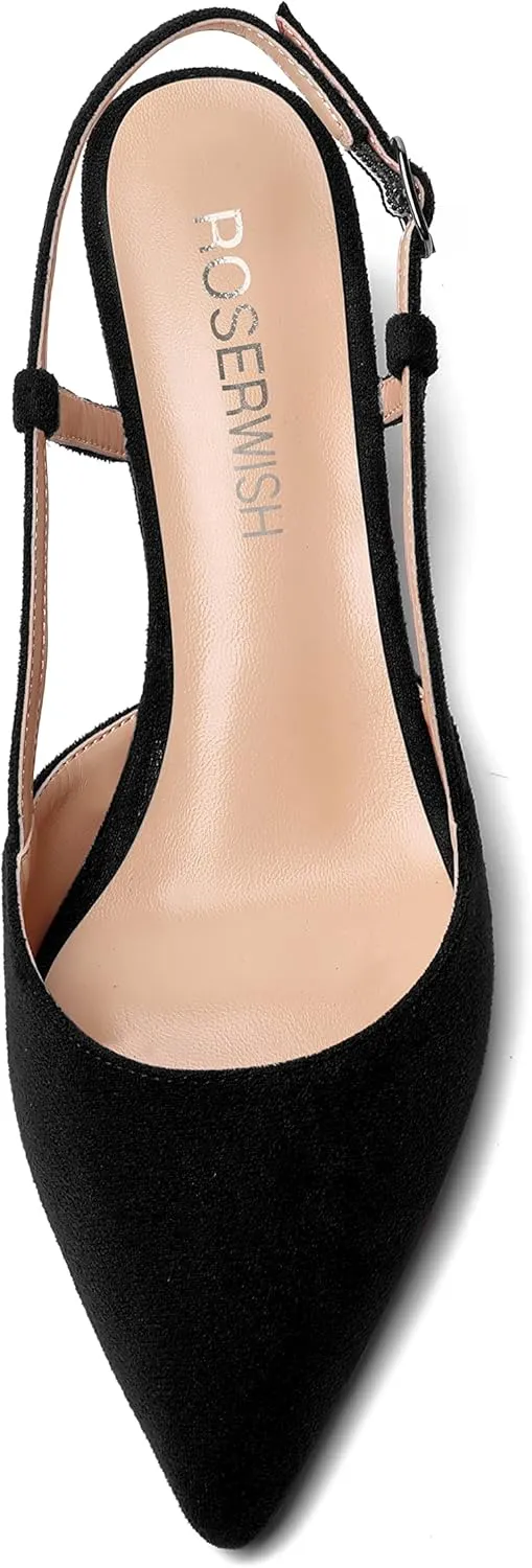 ROSERWISH Womens Pointed Toe Party Sexy Slingback Wedding Buckle Suede Wedge Low Heel Pumps Dress Shoes 2 Inch