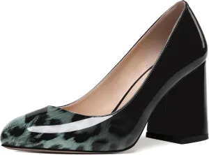 ROSERWISH Womens Wedding Patent Slip On Round Toe Comfortable Fashion Block High Heel Pumps Shoes 3.3 Inch