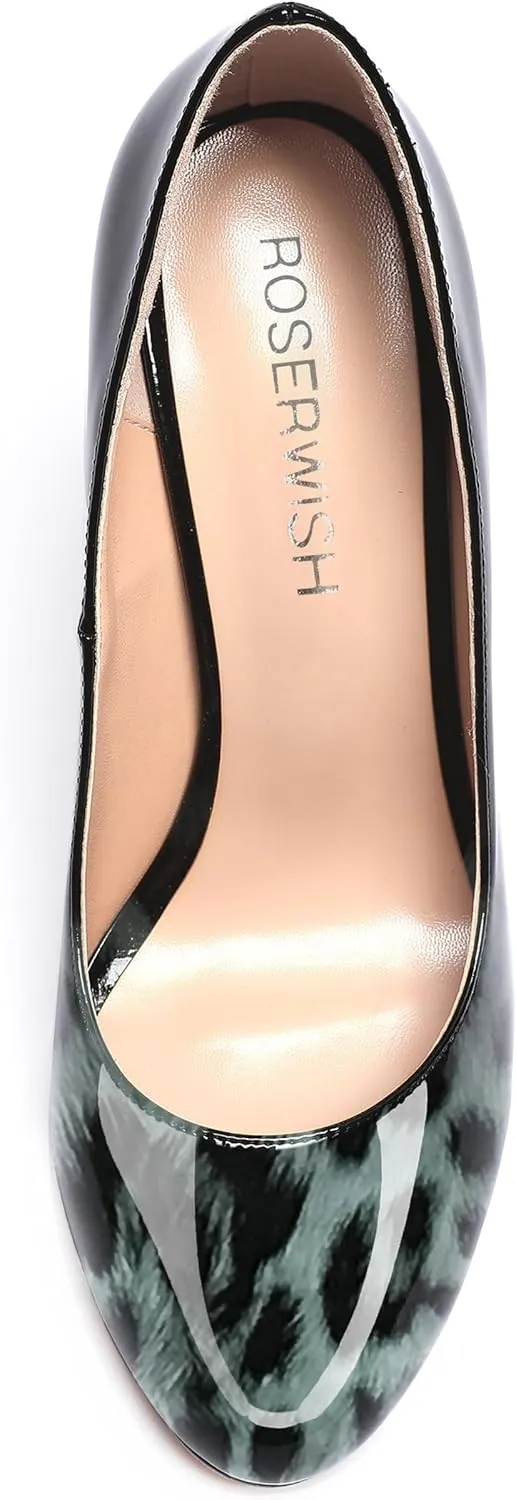 ROSERWISH Womens Wedding Patent Slip On Round Toe Comfortable Fashion Block High Heel Pumps Shoes 3.3 Inch