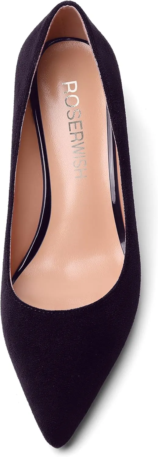 ROSERWISH Womens Wedding Pointed Toe Suede Fashion Slip On Comfortable Wedge Low Heel Pumps Dress Shoes 2 Inch
