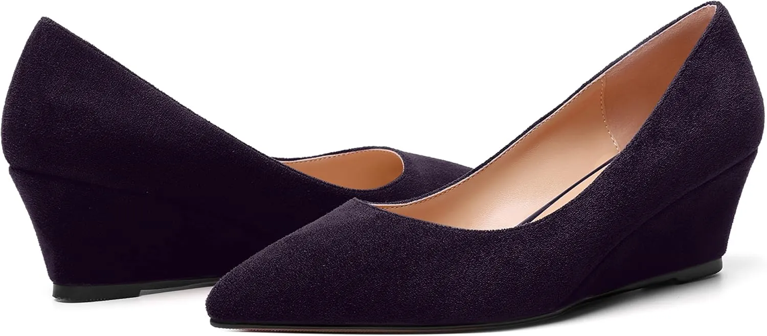 ROSERWISH Womens Wedding Pointed Toe Suede Fashion Slip On Comfortable Wedge Low Heel Pumps Dress Shoes 2 Inch