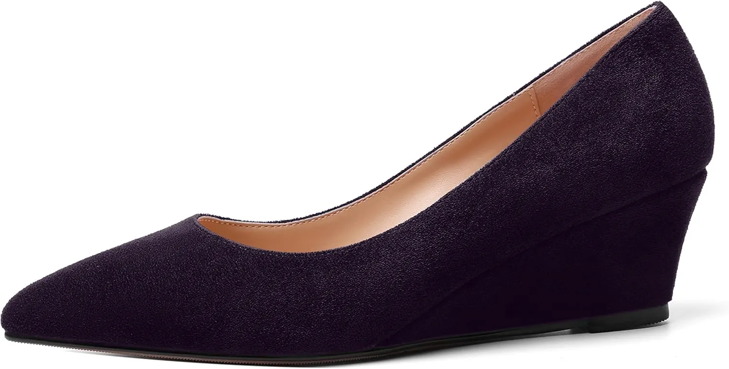 ROSERWISH Womens Wedding Pointed Toe Suede Fashion Slip On Comfortable Wedge Low Heel Pumps Dress Shoes 2 Inch