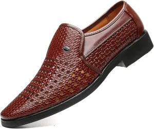 Santimon Men's Woven Casual Slip On Loafers Leather Dress Pointed Toe Derby Walking Breathable Comfort Shoes