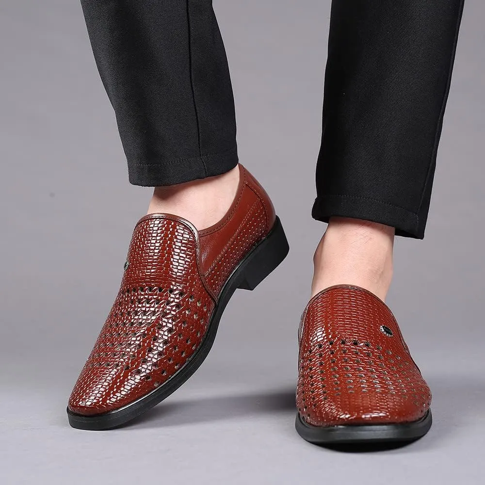 Santimon Men's Woven Casual Slip On Loafers Leather Dress Pointed Toe Derby Walking Breathable Comfort Shoes