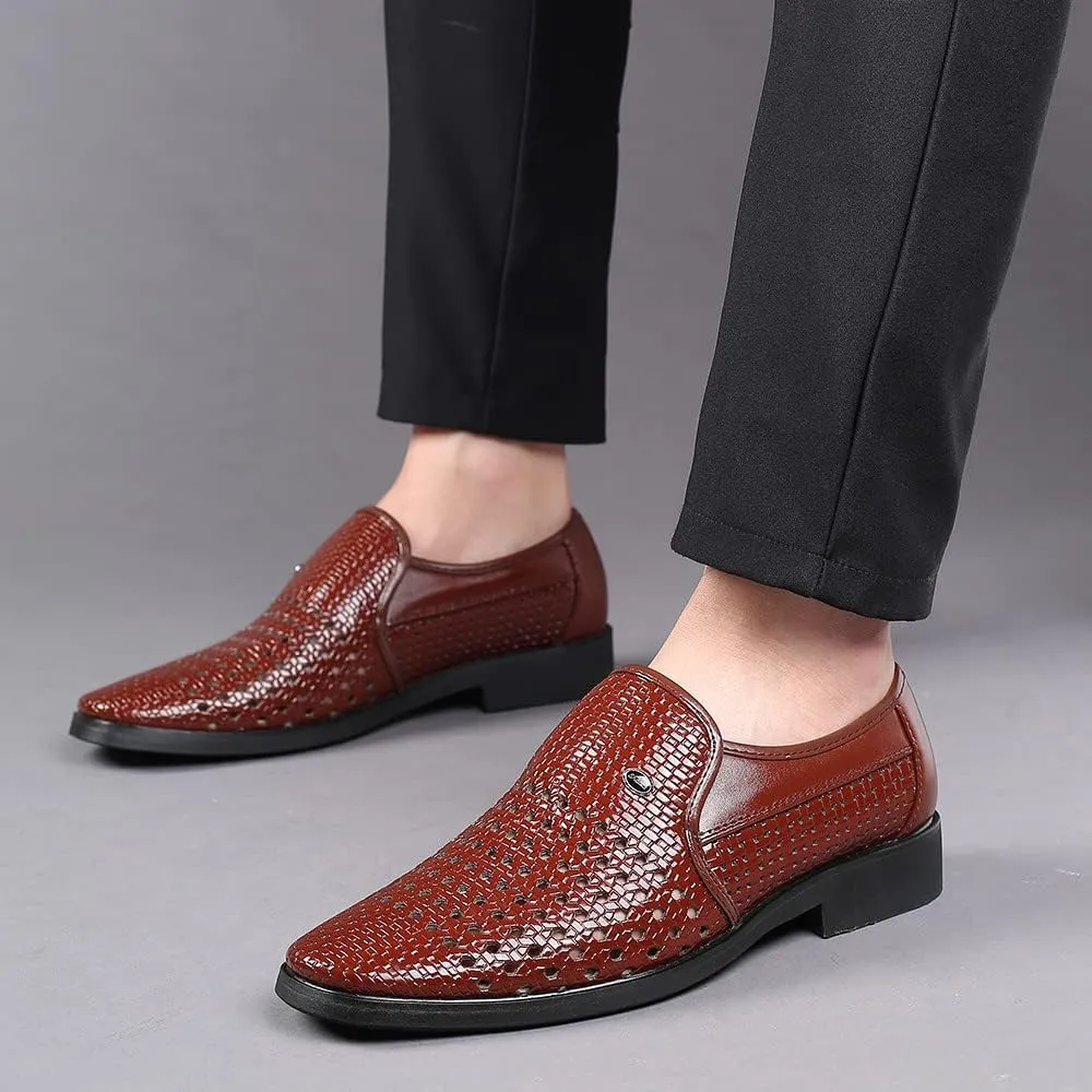 Santimon Men's Woven Casual Slip On Loafers Leather Dress Pointed Toe Derby Walking Breathable Comfort Shoes
