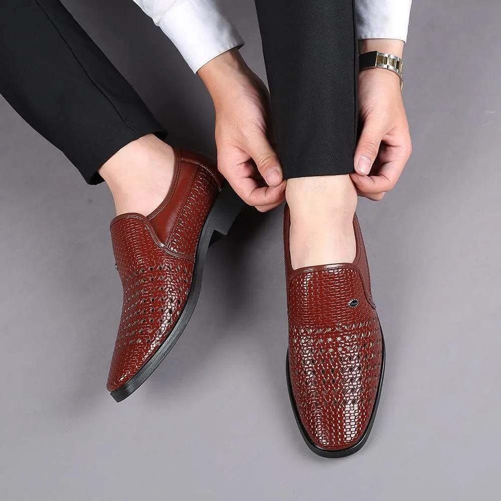 Santimon Men's Woven Casual Slip On Loafers Leather Dress Pointed Toe Derby Walking Breathable Comfort Shoes