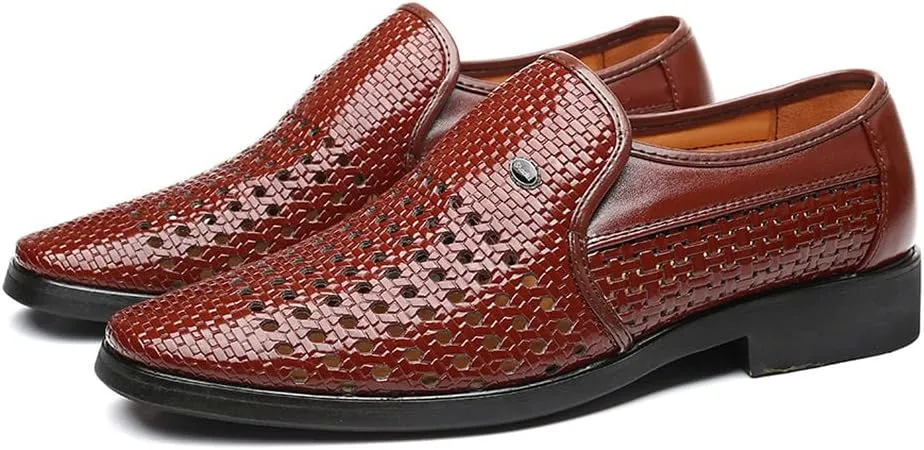 Santimon Men's Woven Casual Slip On Loafers Leather Dress Pointed Toe Derby Walking Breathable Comfort Shoes