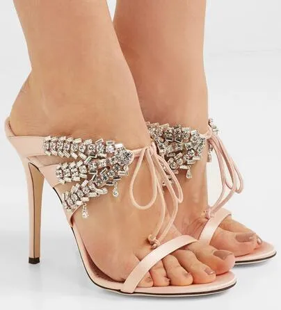 Satin Mule Sandals with Crystals - Nude, Fuchsia Pink, Black or Light Blue