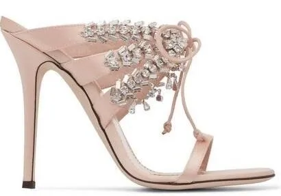 Satin Mule Sandals with Crystals - Nude, Fuchsia Pink, Black or Light Blue