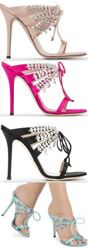 Satin Mule Sandals with Crystals - Nude, Fuchsia Pink, Black or Light Blue