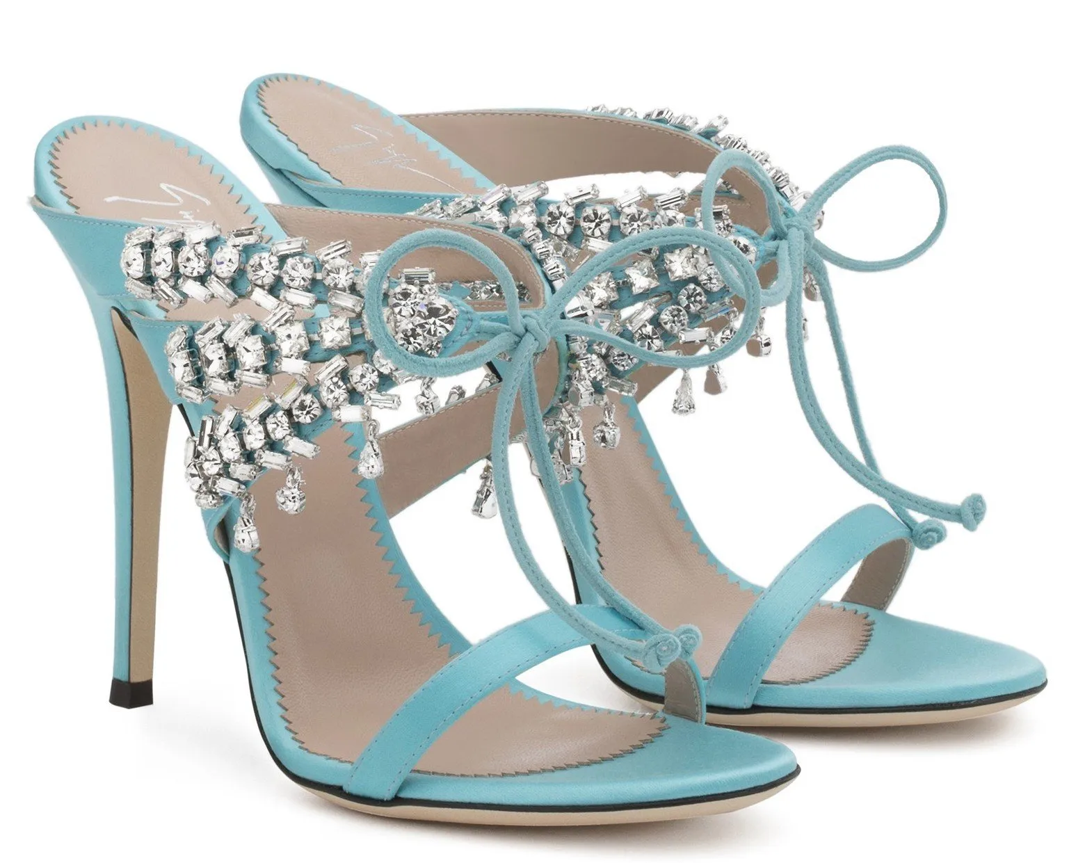 Satin Mule Sandals with Crystals - Nude, Fuchsia Pink, Black or Light Blue