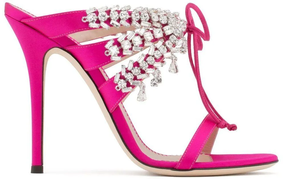 Satin Mule Sandals with Crystals - Nude, Fuchsia Pink, Black or Light Blue