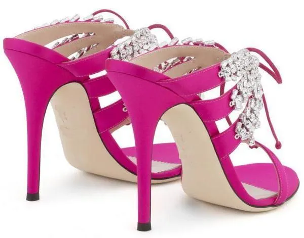 Satin Mule Sandals with Crystals - Nude, Fuchsia Pink, Black or Light Blue