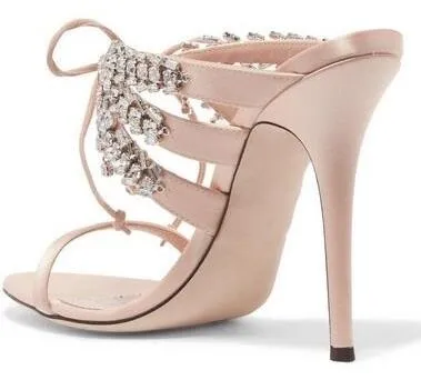 Satin Mule Sandals with Crystals - Nude, Fuchsia Pink, Black or Light Blue