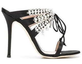 Satin Mule Sandals with Crystals - Nude, Fuchsia Pink, Black or Light Blue