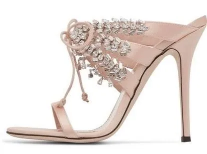 Satin Mule Sandals with Crystals - Nude, Fuchsia Pink, Black or Light Blue
