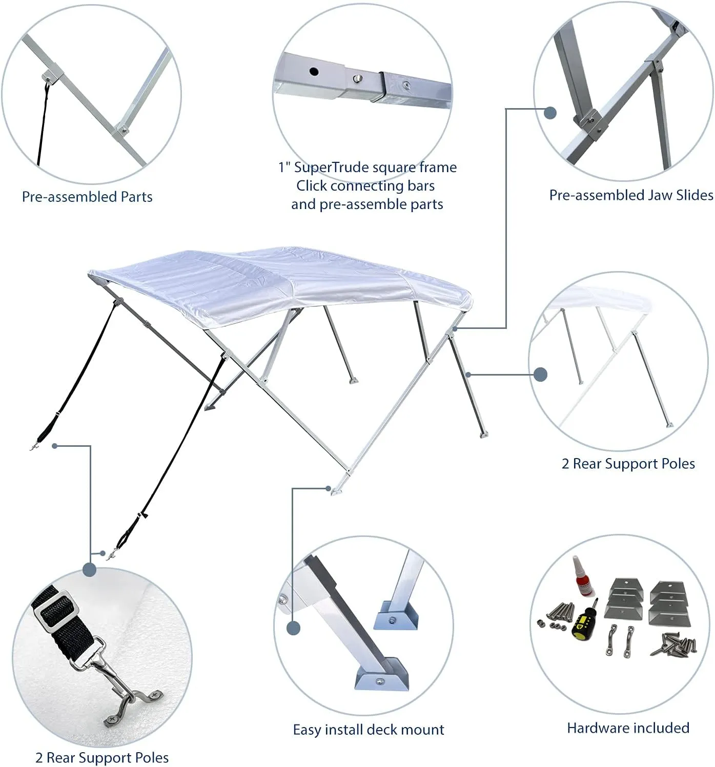 Savvycraft 4 Bow Bimini Top, 8 Feet Long Square Tube Bimini Top Set, Includes Marine Grade Canvas Cover, Storage Boot, Rear Poles with 1 Inch Aluminum Frame, White Color, 4 Bow 96"L 54"H 97"- 103"W