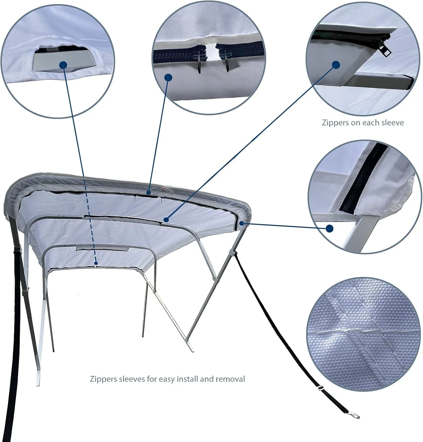 Savvycraft 4 Bow Bimini Top, 8 Feet Long Square Tube Bimini Top Set, Includes Marine Grade Canvas Cover, Storage Boot, Rear Poles with 1 Inch Aluminum Frame, White Color, 4 Bow 96"L 54"H 97"- 103"W