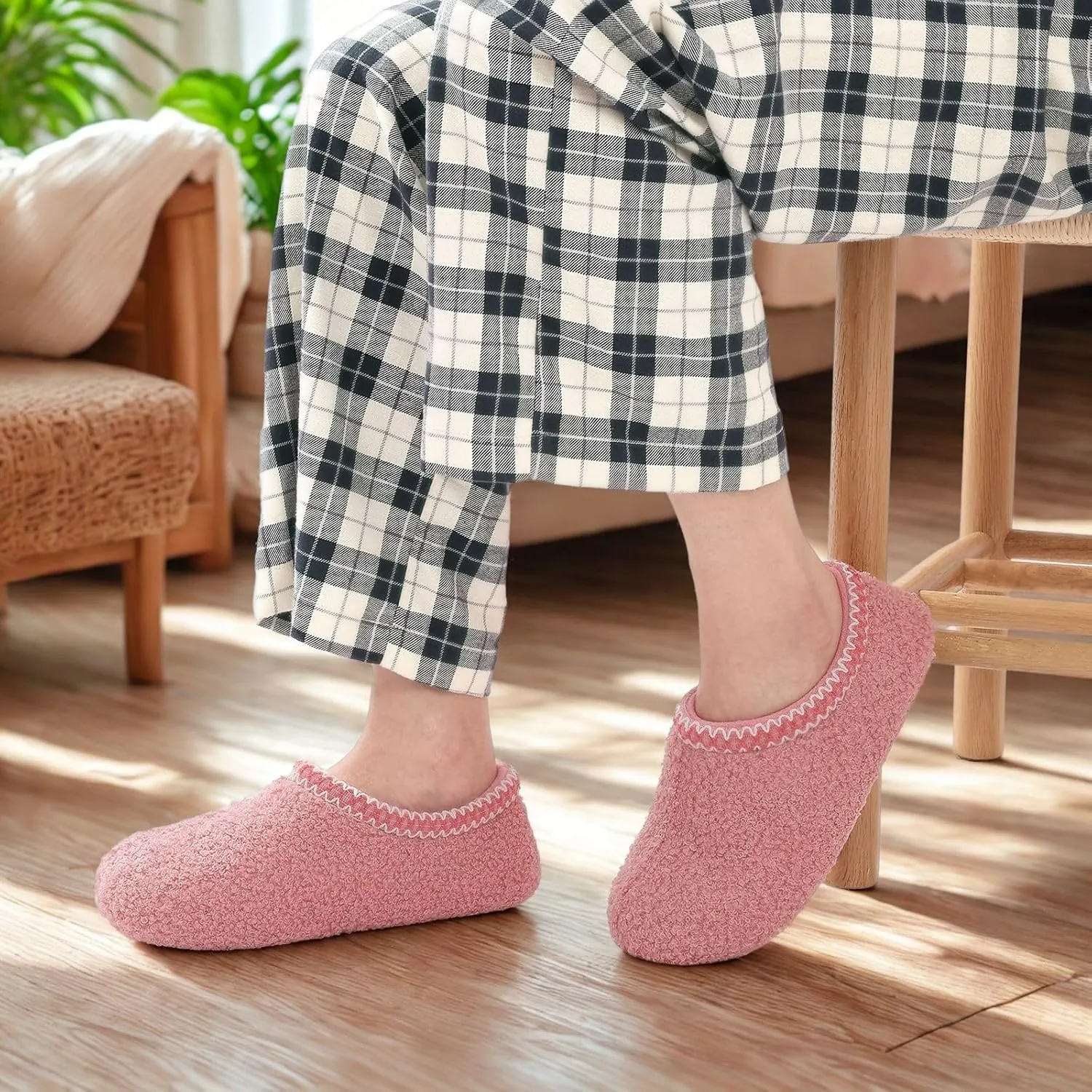 shevalues Women House Memory Foam Slippers Teddy Fleece Bedroom Sock Shoes with Soft Rubber Sole