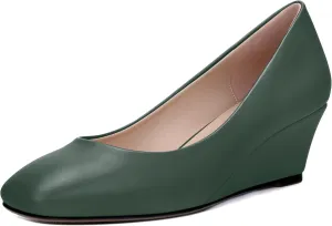 SHOWFOREST Women's Wedge Low Heels Square Toe Slip-on Comfortable Dress Pumps Shoes