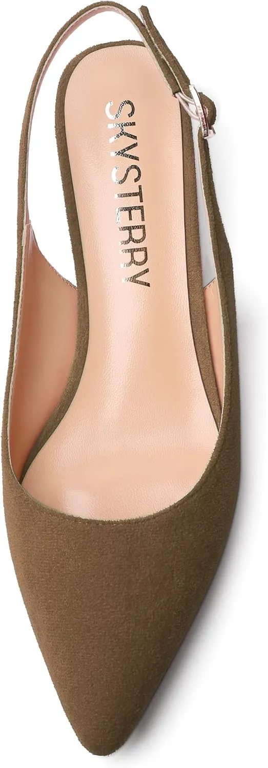 SKYSTERRY Womens Casual Pointed Toe Suede Slip On Wedding Slingback Kitten Low Heel Pumps Shoes 1.5 Inch