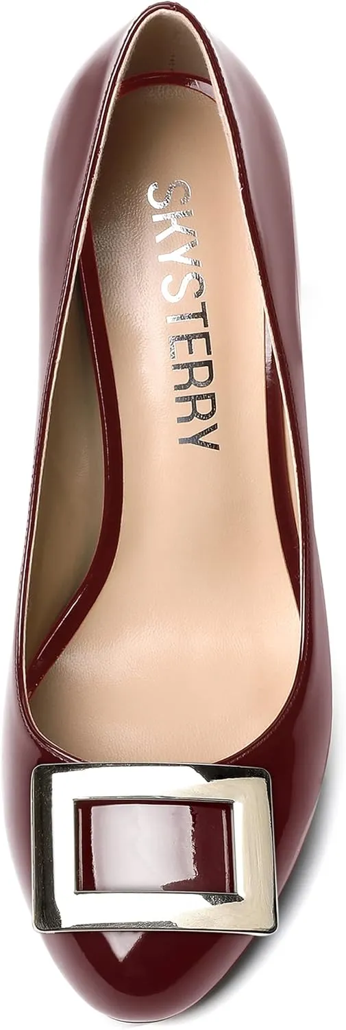 SKYSTERRY Womens Dress Round Toe Patent Slip On Wedding Spool High Heel Pumps Shoes 3.3 Inch