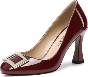 SKYSTERRY Womens Dress Round Toe Patent Slip On Wedding Spool High Heel Pumps Shoes 3.3 Inch
