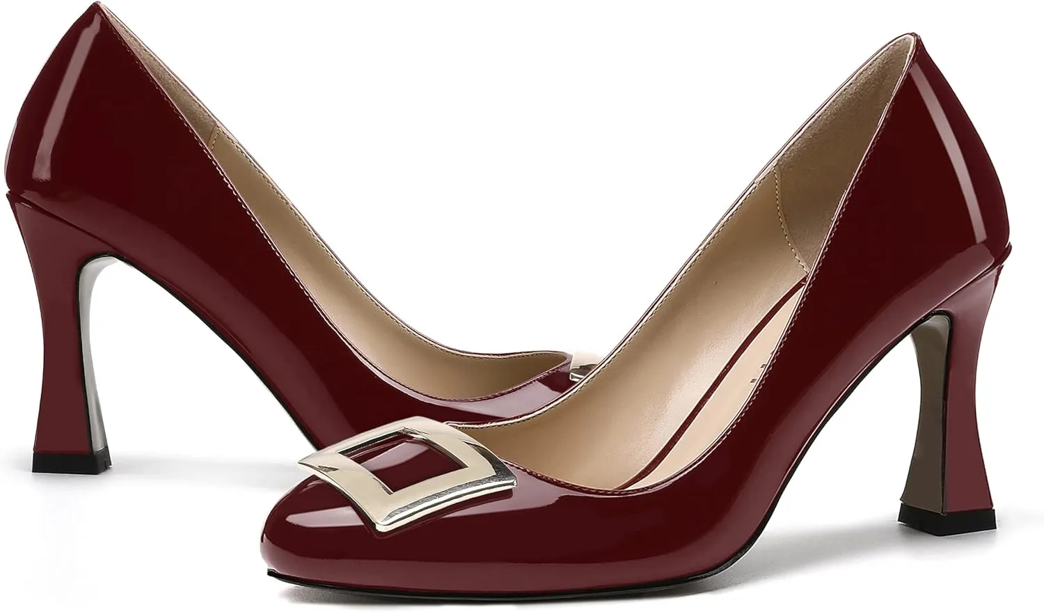 SKYSTERRY Womens Dress Round Toe Patent Slip On Wedding Spool High Heel Pumps Shoes 3.3 Inch