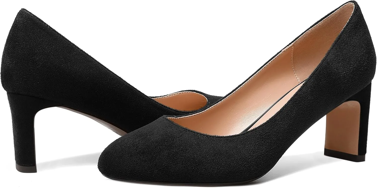 SKYSTERRY Womens Round Toe Fashion Dating Slip On Suede Block Mid Heel Pumps Shoes 2.5 Inch