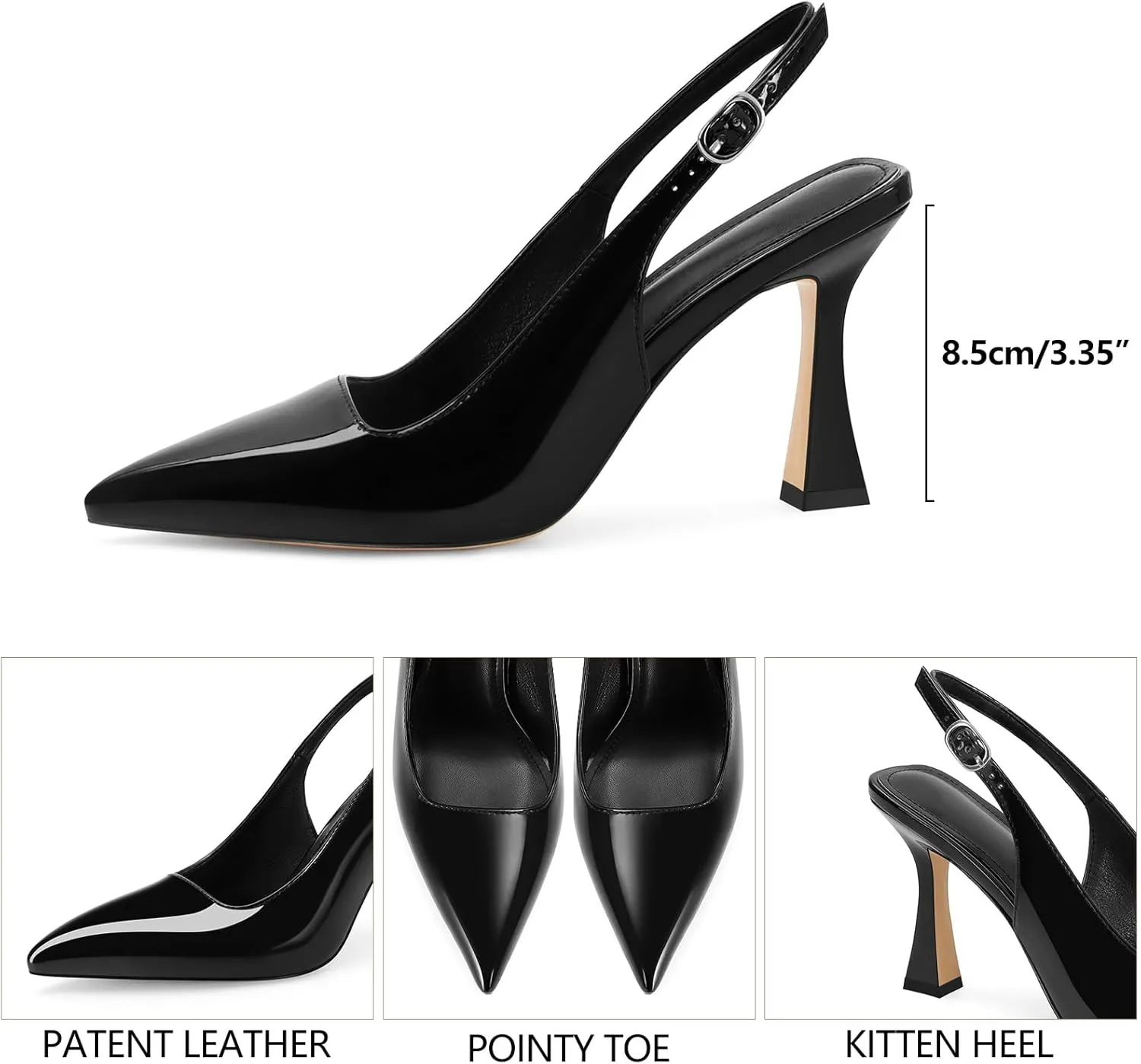 Slingback Kitten Heels for Women Pointed Toe Vintage Stiletto Sexy Pumps Buckle Straps Slip on Flare High Heeled Sandals Work Dressy Shoes