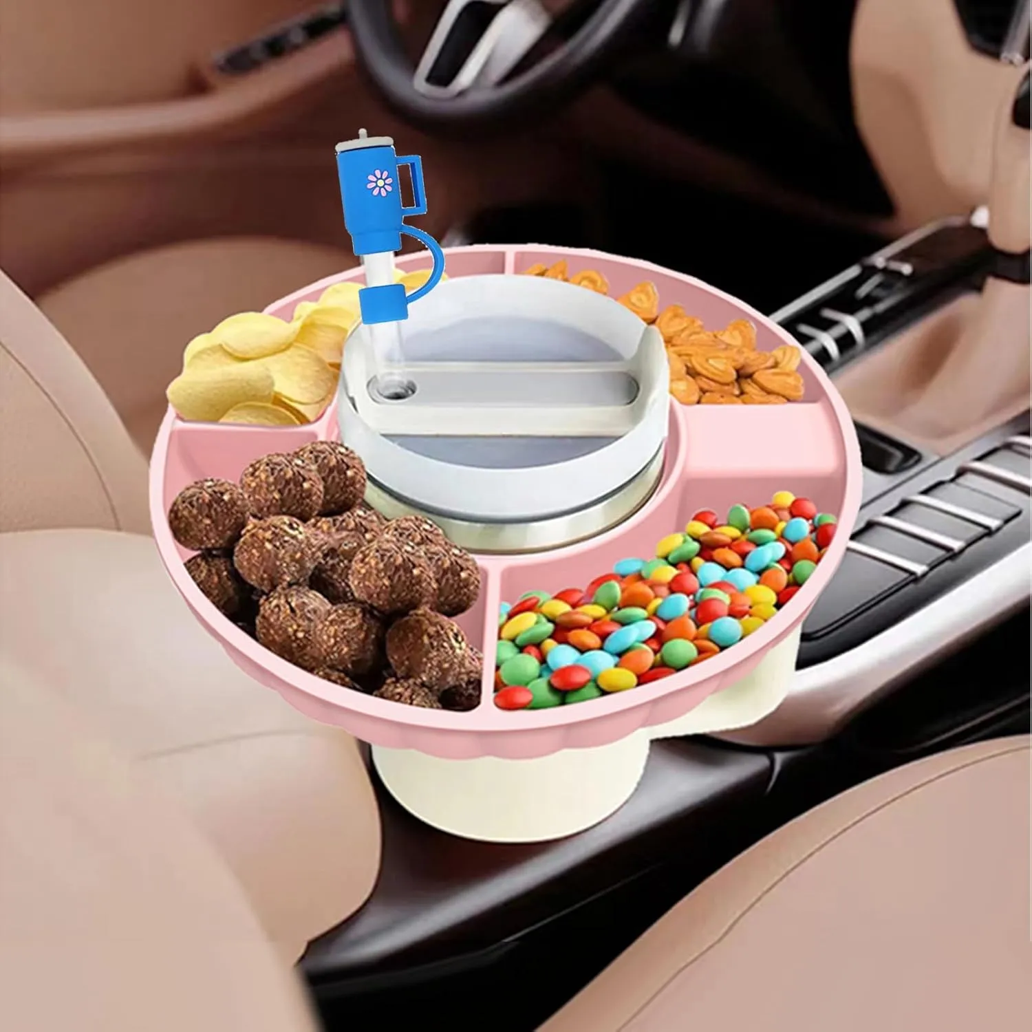 Snack Bowl for Stanley Cup, Silicone Snack Tray Compatible with Stanley Cup 40 oz, Reusable Snack Ring Suitable for Car Cup Holder, Home, Outdoor (without lid, Fog Pink)