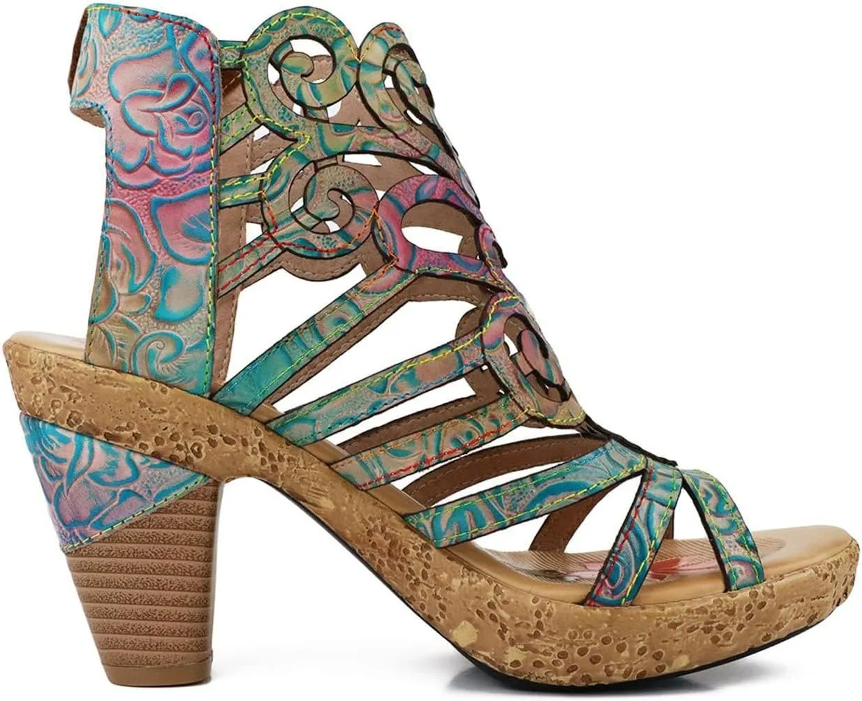 Socofy Women Sandals with Heel Summer Open Toe Chunky Heel Ankle Strap Shoes Block High Heel Dress Sandals Lace-up Sandals Handmade Retro High-Heeled Sandals for Wedding Party