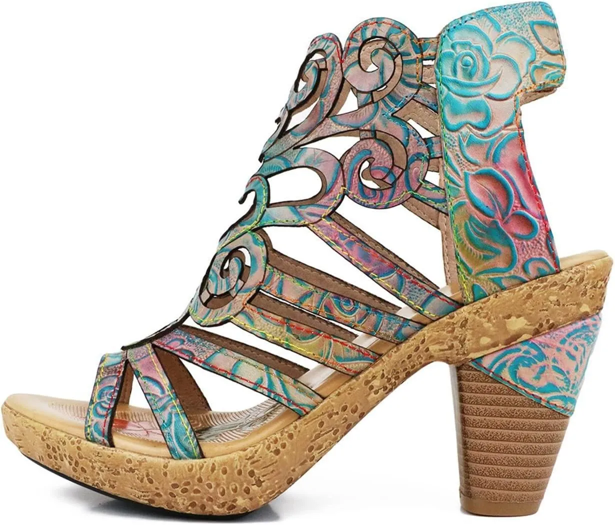 Socofy Women Sandals with Heel Summer Open Toe Chunky Heel Ankle Strap Shoes Block High Heel Dress Sandals Lace-up Sandals Handmade Retro High-Heeled Sandals for Wedding Party