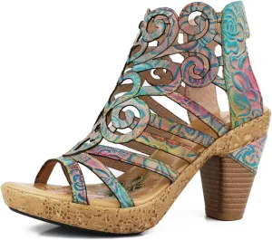 Socofy Women Sandals with Heel Summer Open Toe Chunky Heel Ankle Strap Shoes Block High Heel Dress Sandals Lace-up Sandals Handmade Retro High-Heeled Sandals for Wedding Party